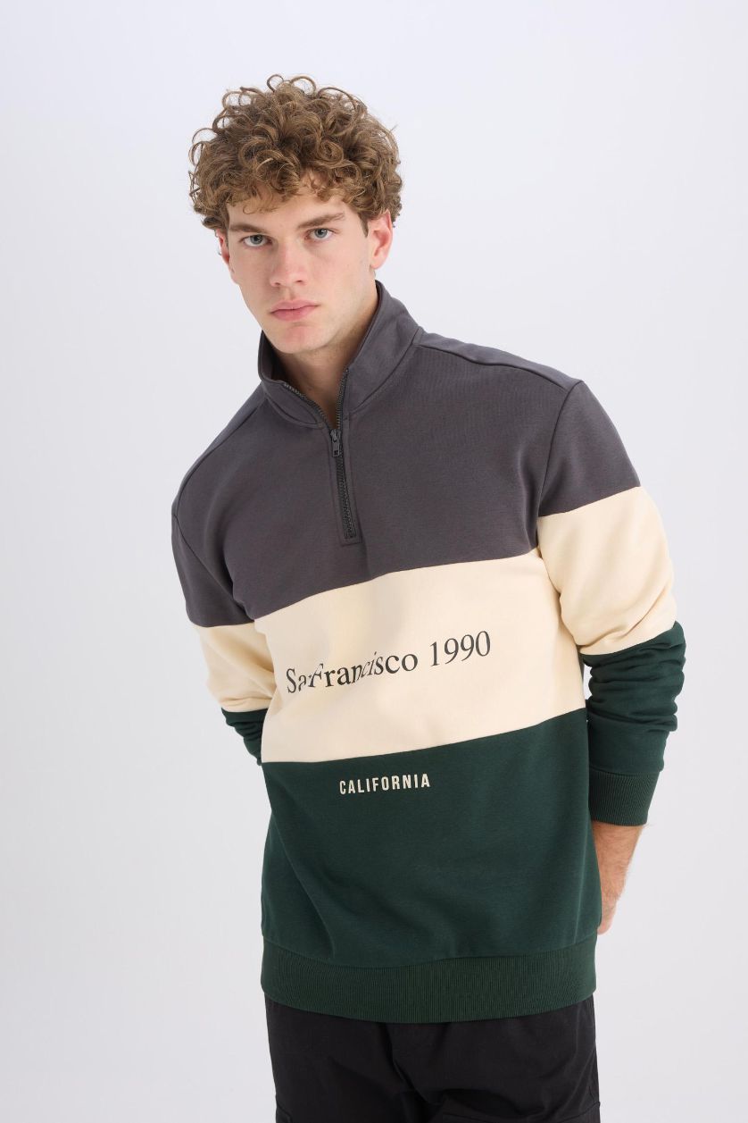 Erkek Antrasit Relax Fit Dik Yaka Fermuarlı Baskılı Kalın Sweatshirt