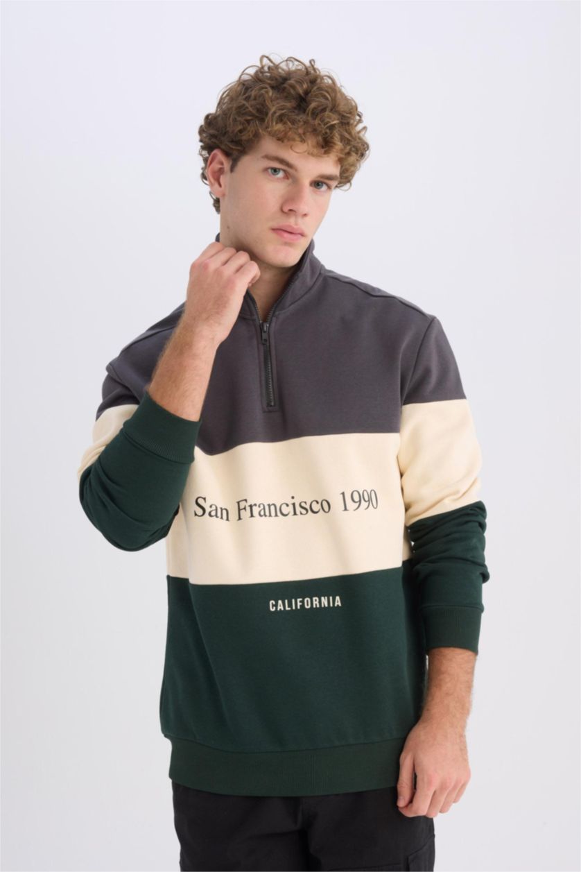 Erkek Antrasit Relax Fit Dik Yaka Fermuarlı Baskılı Kalın Sweatshirt