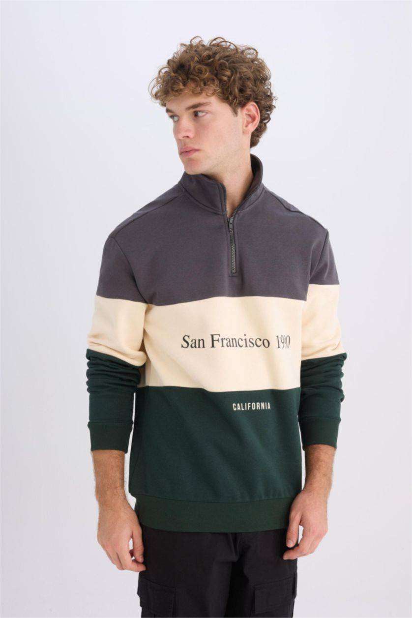 Erkek Antrasit Relax Fit Dik Yaka Fermuarlı Baskılı Kalın Sweatshirt