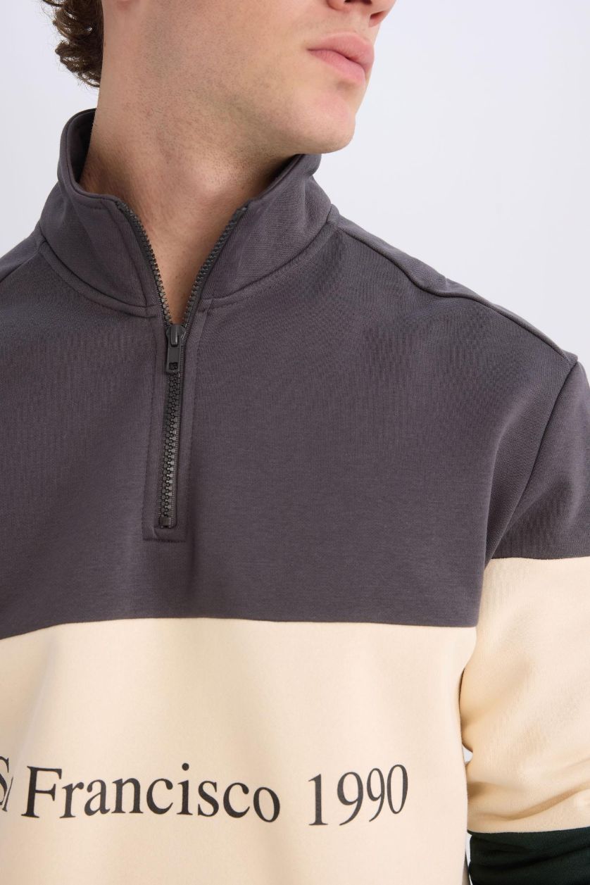 Erkek Antrasit Relax Fit Dik Yaka Fermuarlı Baskılı Kalın Sweatshirt