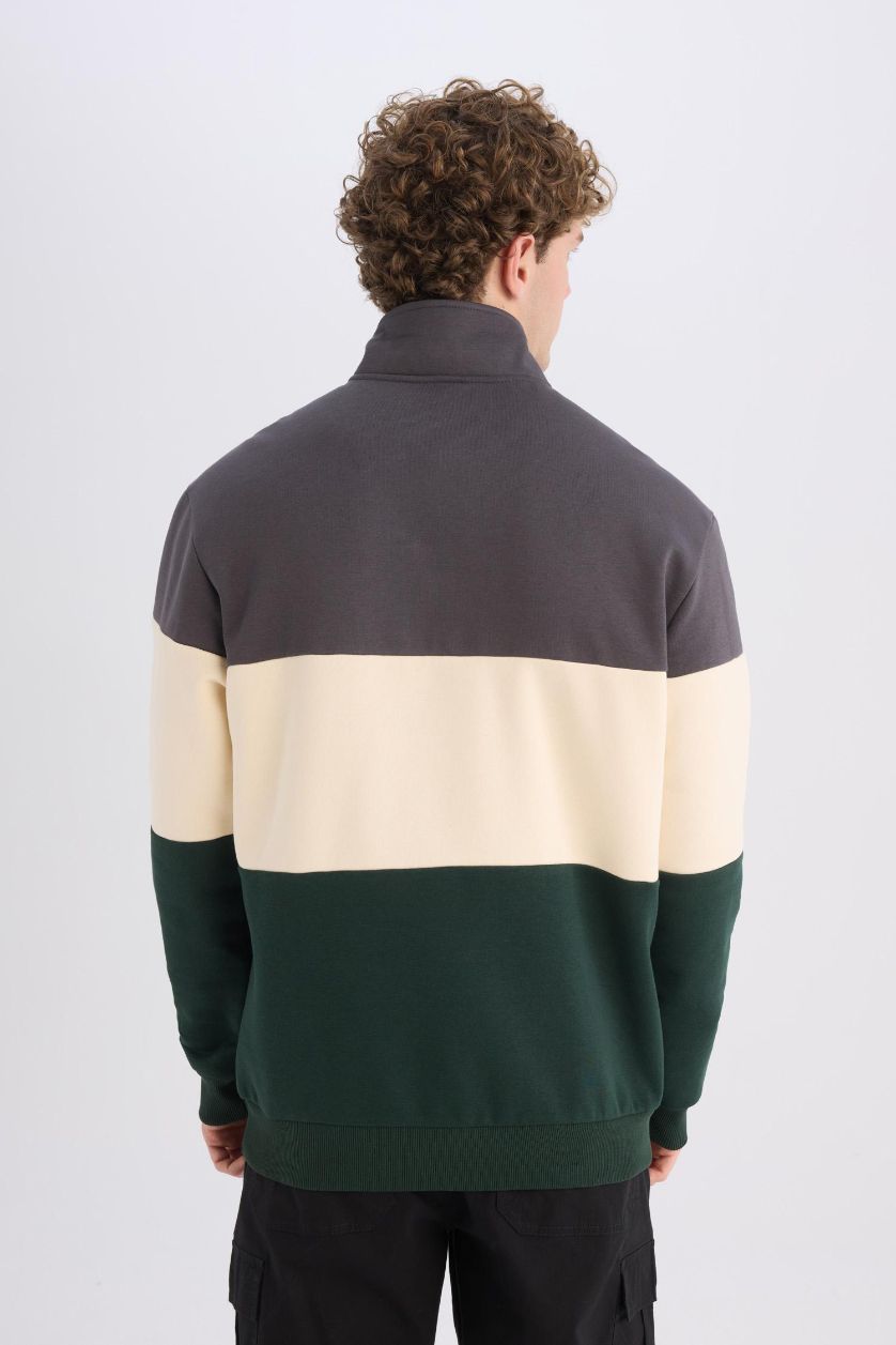 Erkek Antrasit Relax Fit Dik Yaka Fermuarlı Baskılı Kalın Sweatshirt