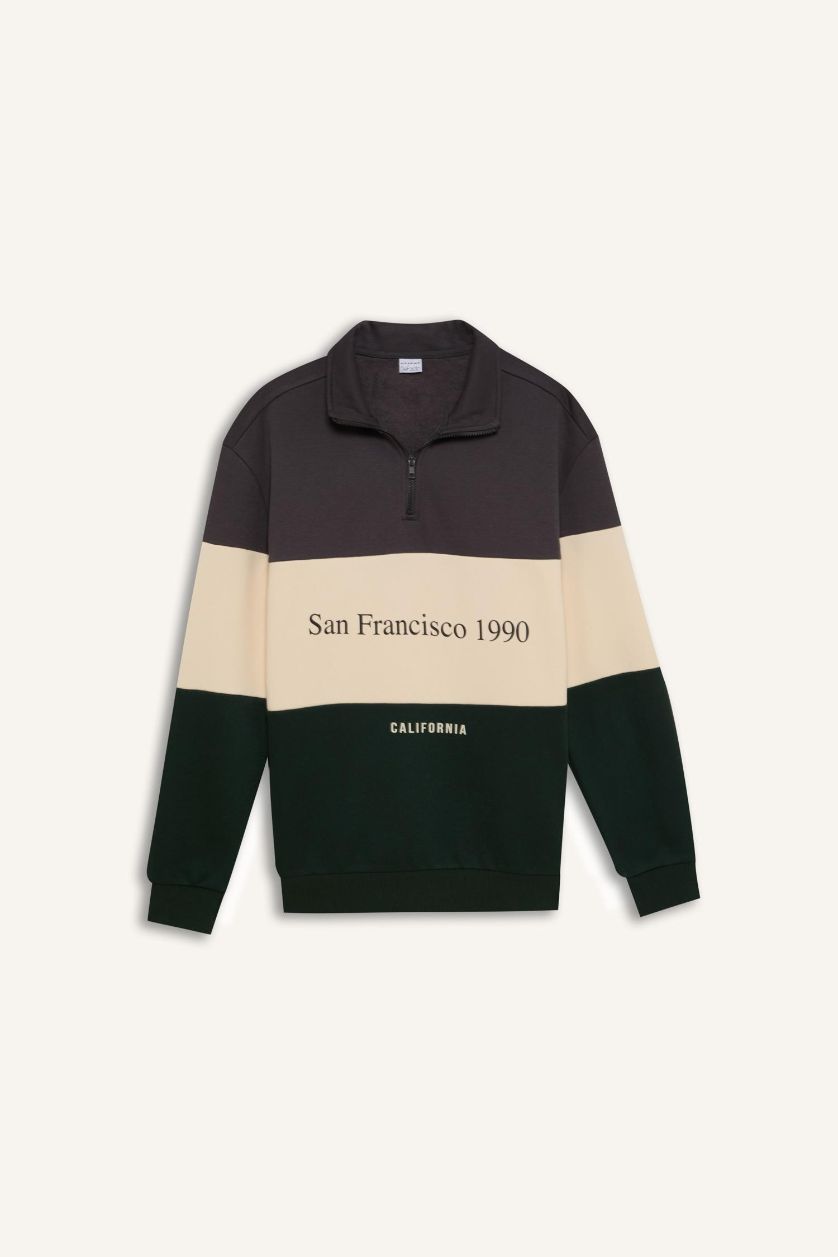 Erkek Antrasit Relax Fit Dik Yaka Fermuarlı Baskılı Kalın Sweatshirt