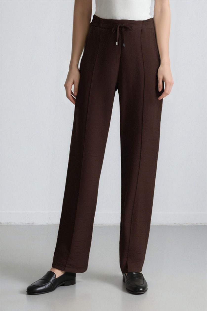 Kadın Kahve Jogger Pantolon Lastikli Bel Bağcıklı Basic Düz Paça