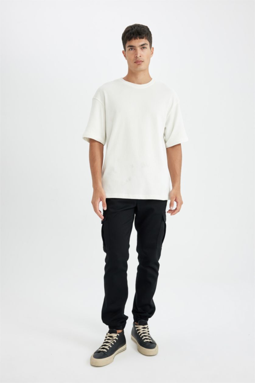 رجالي بيج فاتح تيشيرت قطن نص كم قصة مريحة برقبة مستديرة