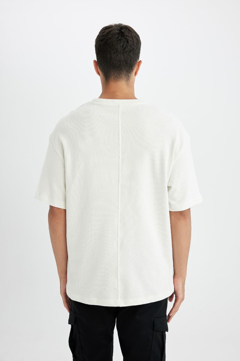 رجالي بيج فاتح تيشيرت قطن نص كم قصة مريحة برقبة مستديرة