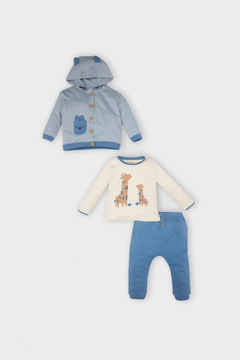 Erkek Bebek Ekru Erkek Bebek 3'lü Takım Zürafa Baskılı Uzun Kollu Tişört Kapüşonlu Sweatshirt Hırka Beli Lastikli Eşofman Altı