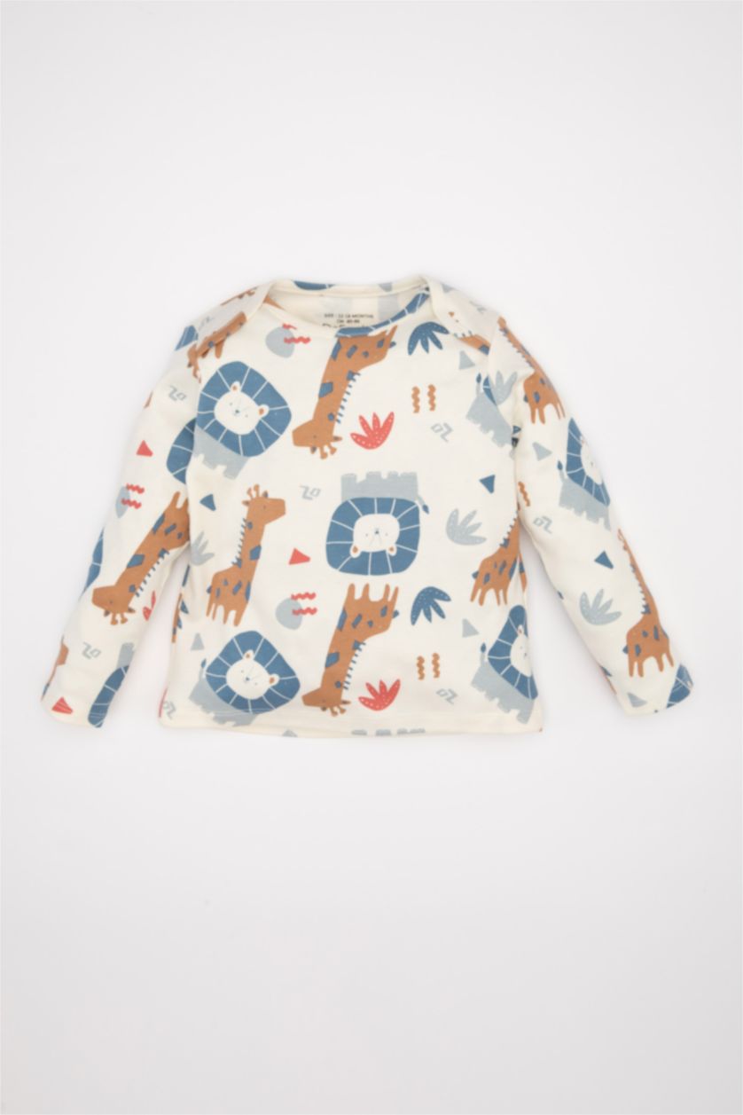 Erkek Bebek Ekru Erkek Bebek 2'li Takım Safari Desenli Uzun Kollu Tişört Üst Ayarlanabilir Salopet