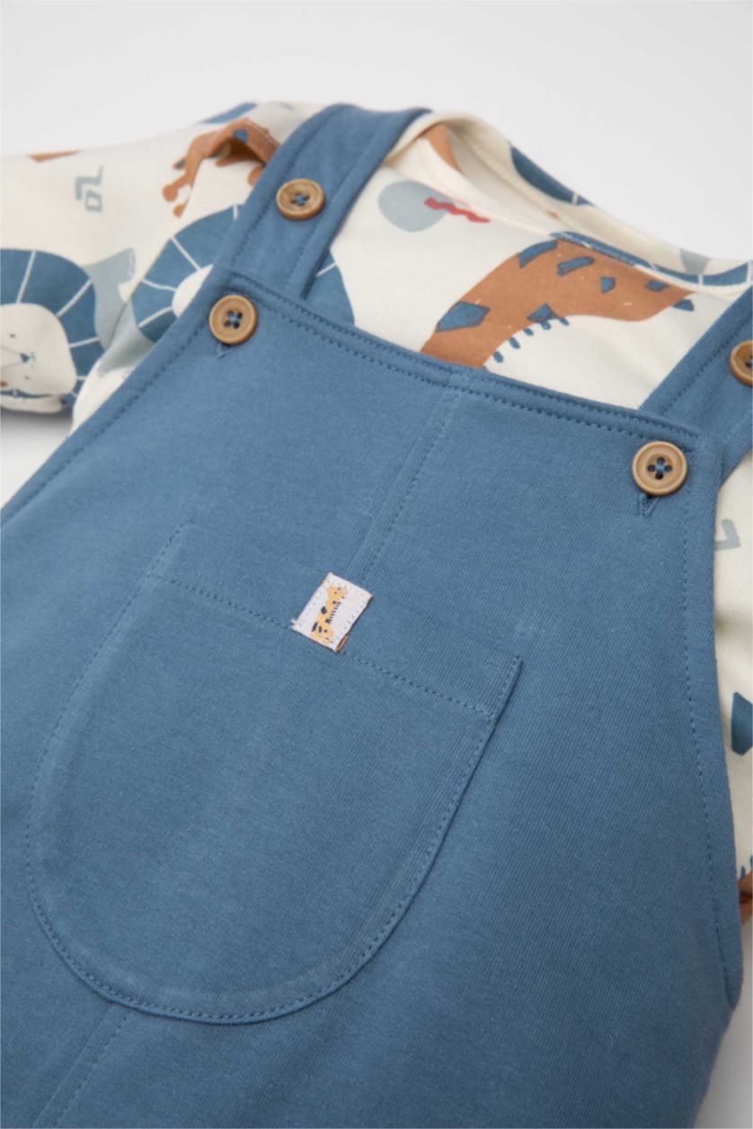 Erkek Bebek Ekru Erkek Bebek 2'li Takım Safari Desenli Uzun Kollu Tişört Üst Ayarlanabilir Salopet