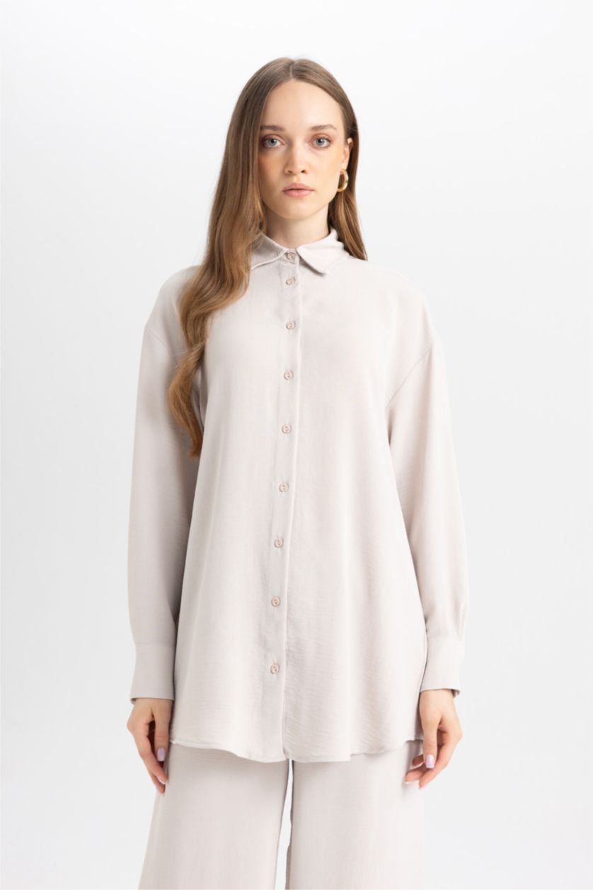 حريمي اللون الحجري تونيك كم طويل قصة عادية