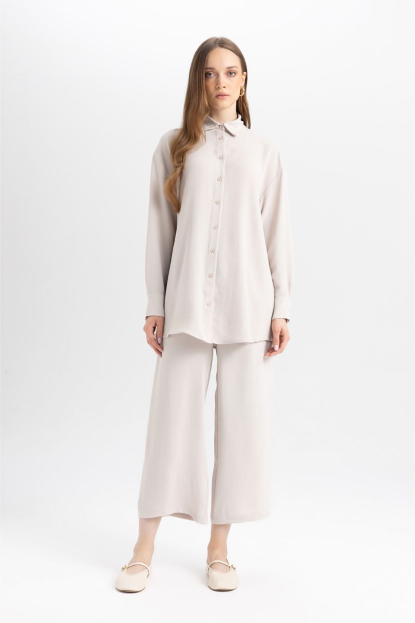 حريمي اللون الحجري تونيك كم طويل قصة عادية