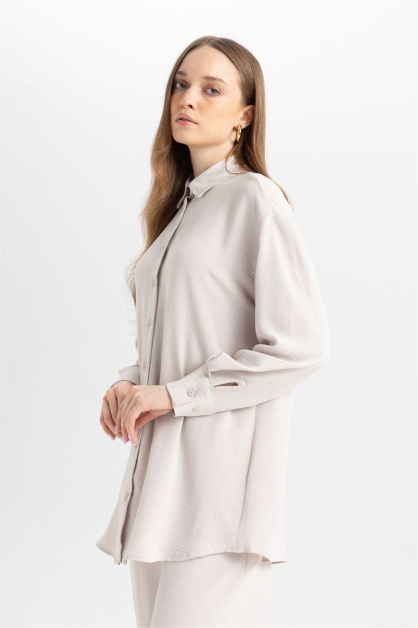 حريمي اللون الحجري تونيك كم طويل قصة عادية