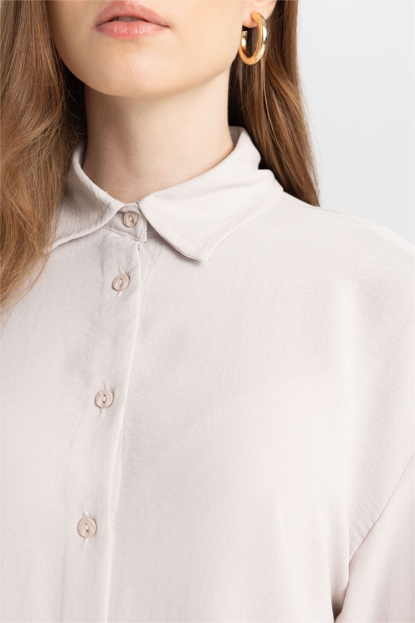 حريمي اللون الحجري تونيك كم طويل قصة عادية