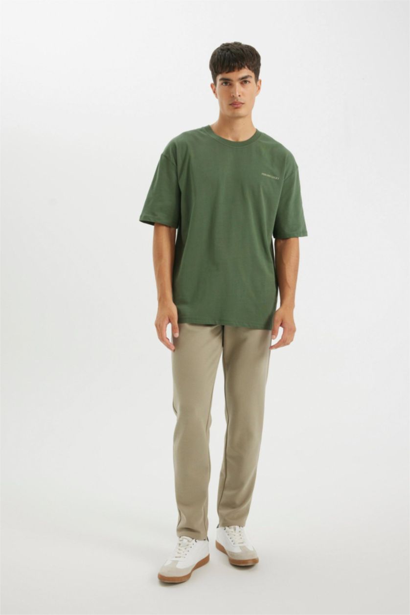 Erkek Haki %100 Pamuk Oversize Geniş Kalıp Bisiklet Yaka Sırt Baskılı Kısa Kollu Tişört