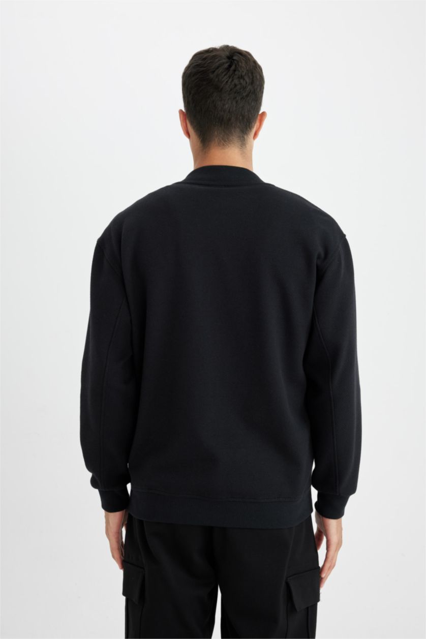 Erkek Siyah Relax Fit Kolej Yaka Fermuarlı Çift Cepli Mevsimlik İnce Bomber Hırka