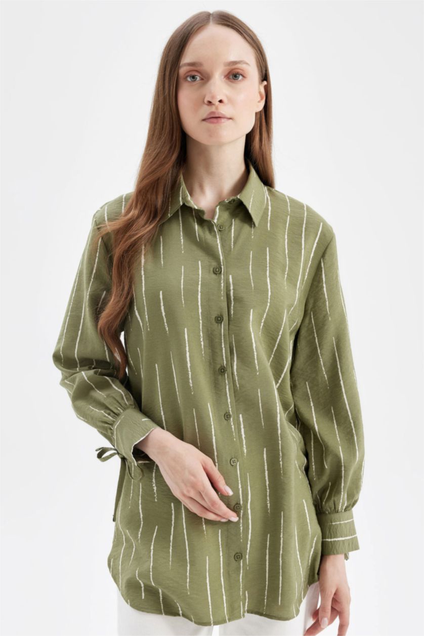 Kadın Haki Relax Fit Gömlek Yaka Çizgili Uzun Kollu Gömlek Tunik