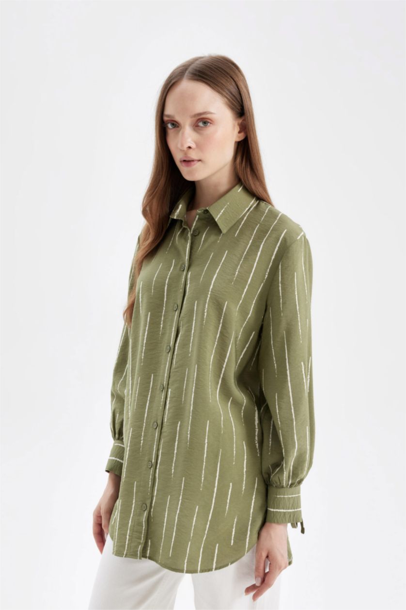 Kadın Haki Relax Fit Gömlek Yaka Çizgili Uzun Kollu Gömlek Tunik