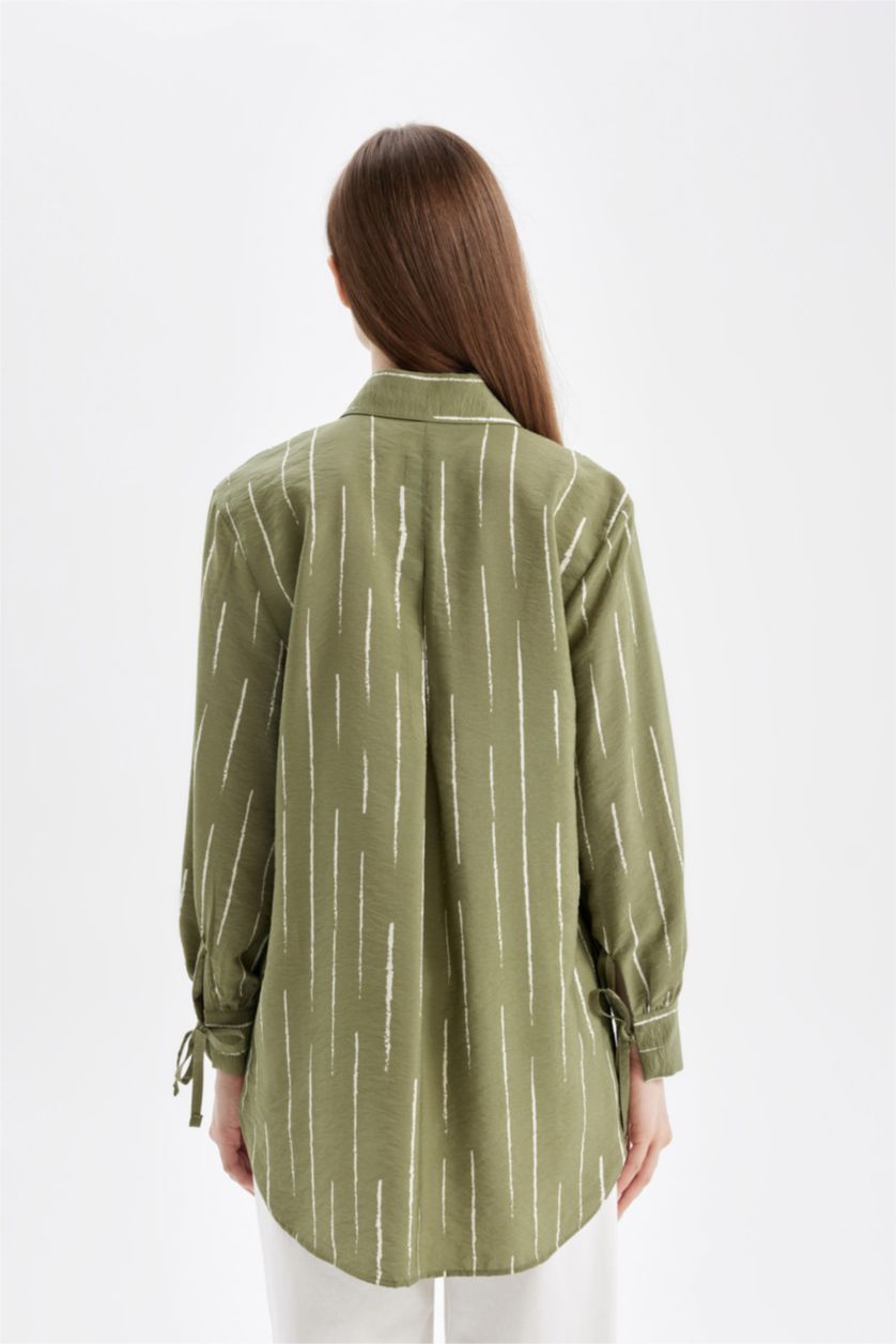 Kadın Haki Relax Fit Gömlek Yaka Çizgili Uzun Kollu Gömlek Tunik