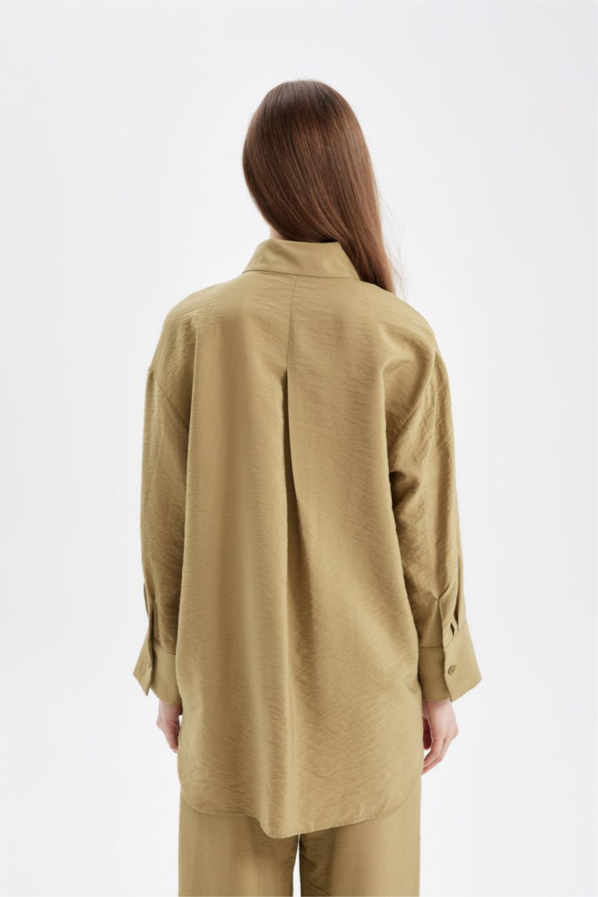Kadın Haki Relax Fit Gömlek Yaka Dokuma Uzun Kollu Gömlek Tunik