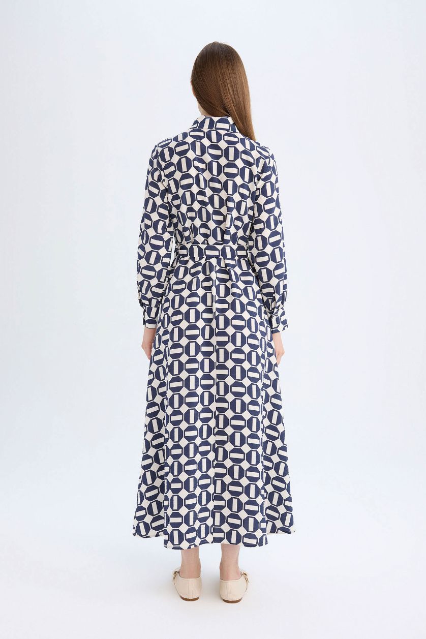 Kadın İndigo Gömlek Yaka Desenli Düğmeli Kemerli Uzun Kollu Maxi Elbise