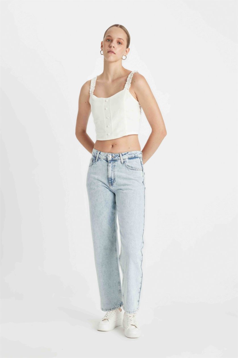 FEMME BLEU Clair Pantalon Jean délavé à coupe régulière Taille Normale et Longueur Cheville