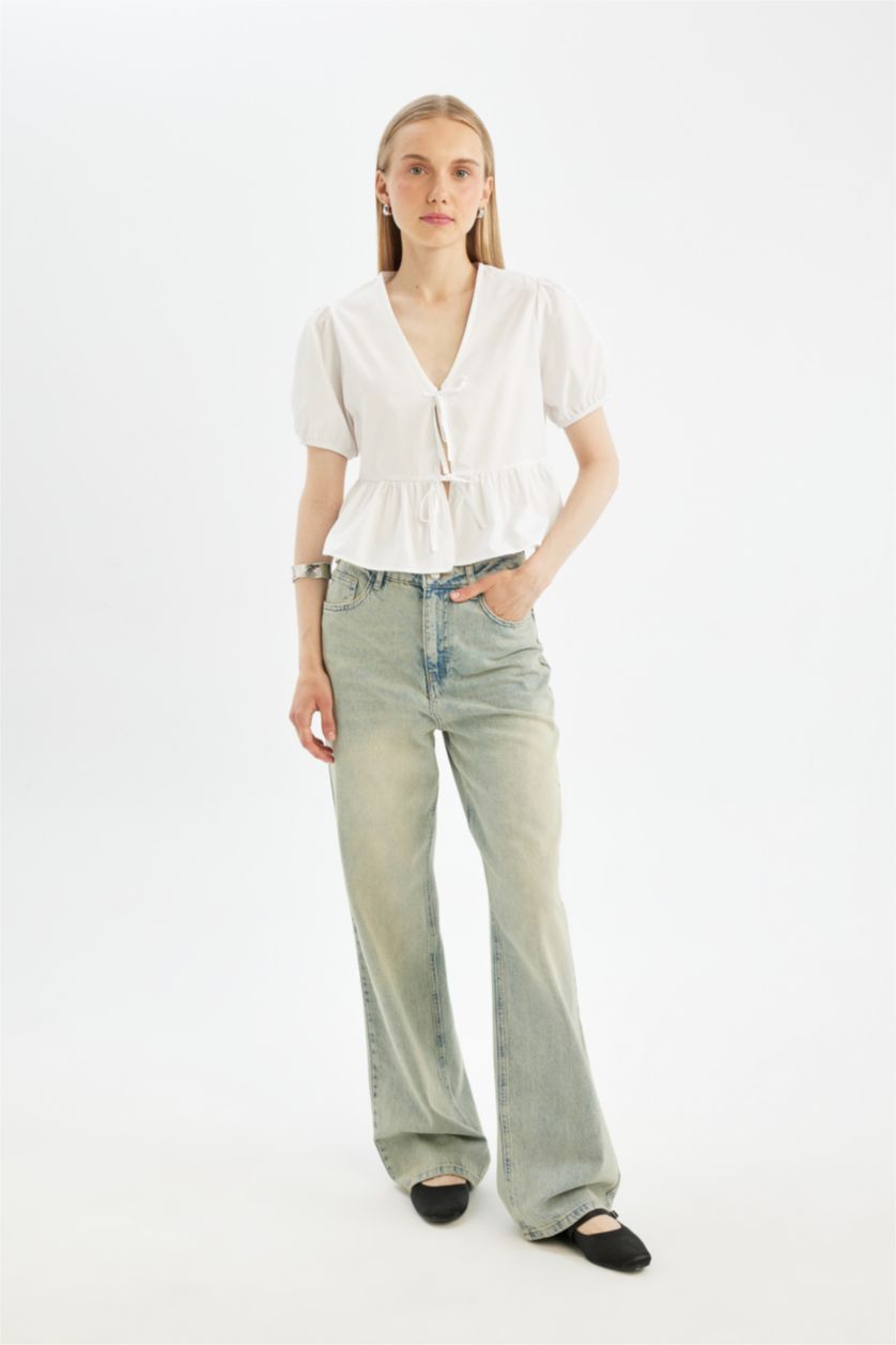 نساء أبيض بلوزة نص كم قصة عادية