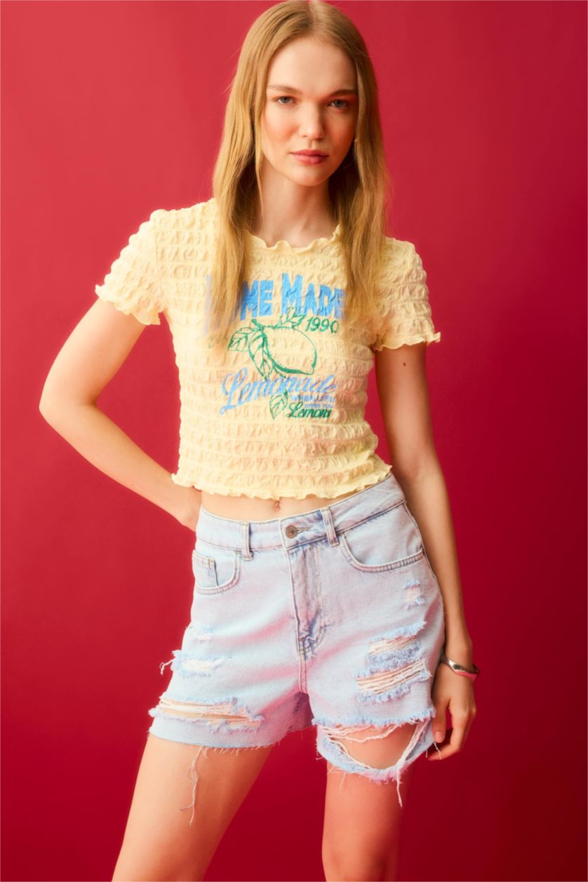 نساء أصفر Fitted Crew Neck Printed Short Sleeve T-Shirt