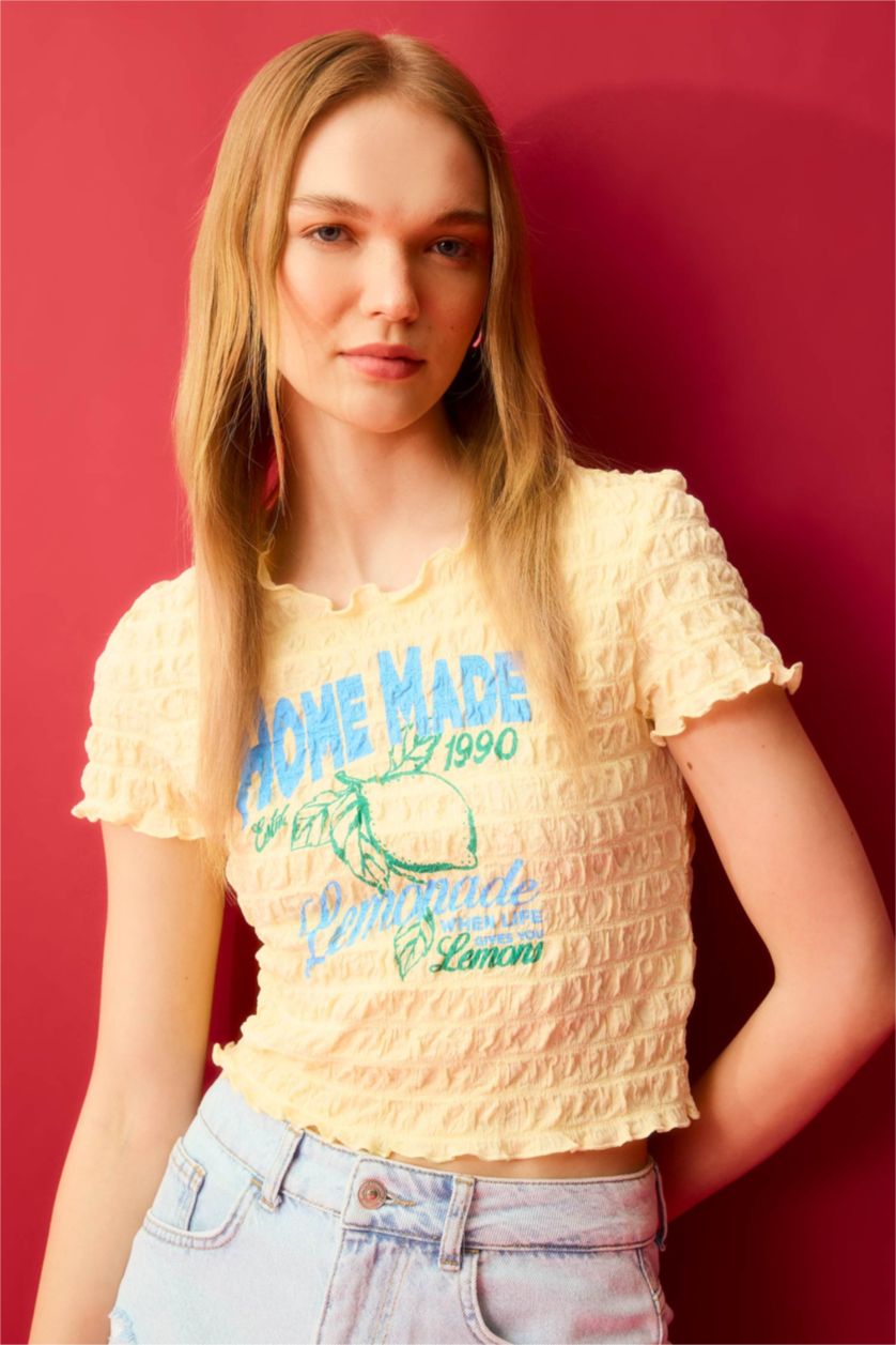 WOMAN Yellow Fitted Crew Neck Printed Short Sleeve T-Shirt