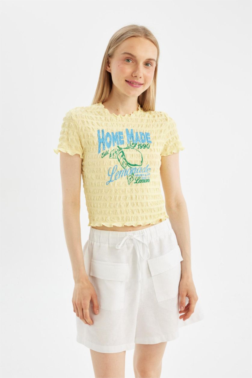 WOMAN Yellow Fitted Crew Neck Printed Short Sleeve T-Shirt