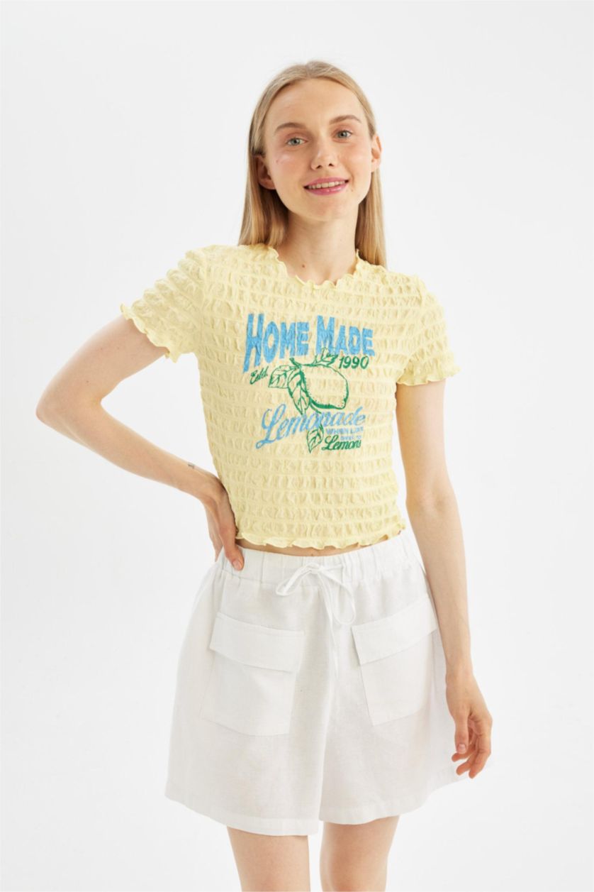 WOMAN Yellow Fitted Crew Neck Printed Short Sleeve T-Shirt