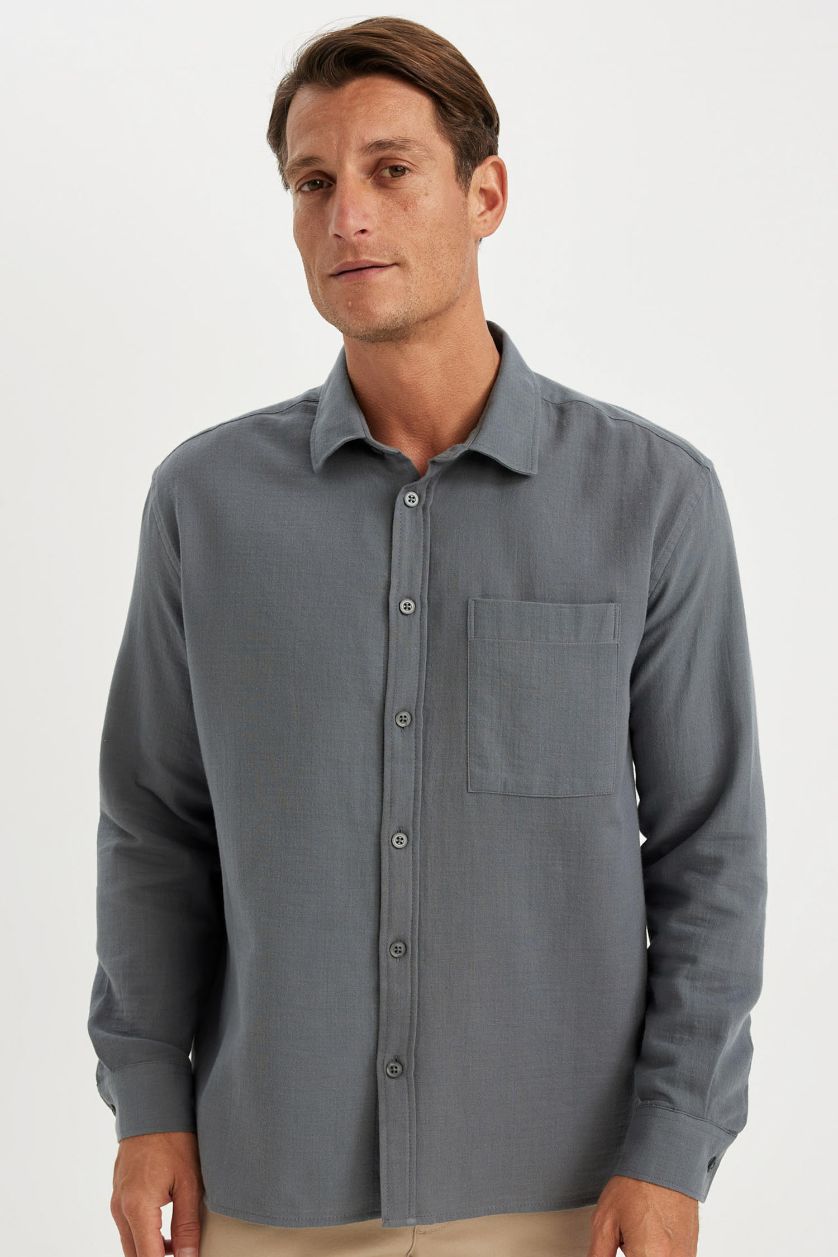 MAN Dark Grey Regular Fit Polo Neck Cotton Shirt