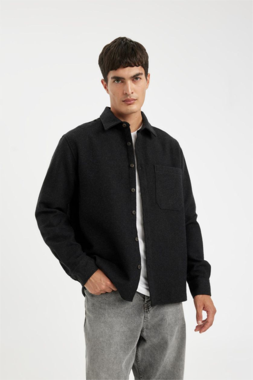 Erkek Antrasit Regular Fit Polo Yaka Basic Düz Pamuk Karışımlı Uzun Kollu Gömlek