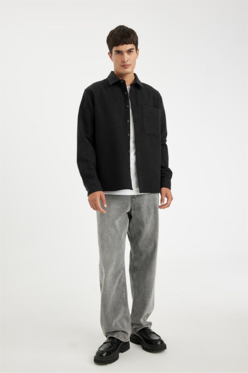 Erkek Antrasit Regular Fit Polo Yaka Basic Düz Pamuk Karışımlı Uzun Kollu Gömlek