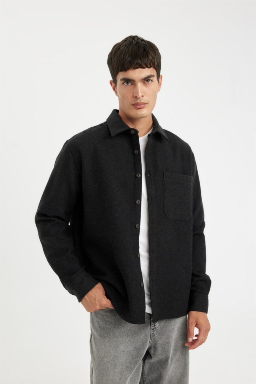 Erkek Antrasit Regular Fit Polo Yaka Basic Düz Pamuk Karışımlı Uzun Kollu Gömlek