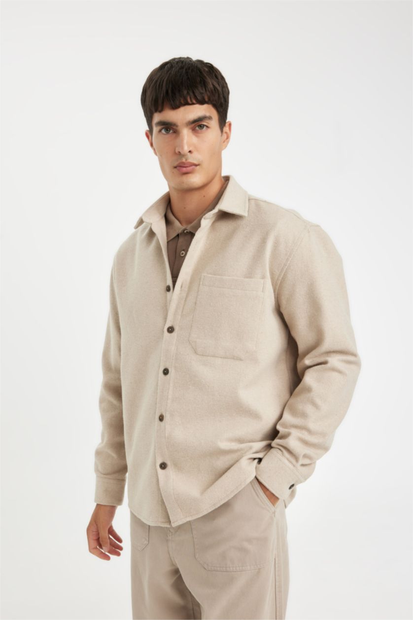 Ерлер Ашық Бежевый поло жаға Ұзын жеңді көйлек