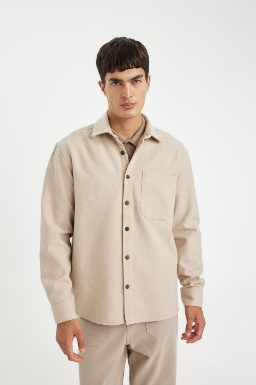 Ерлер Ашық Бежевый поло жаға Ұзын жеңді көйлек