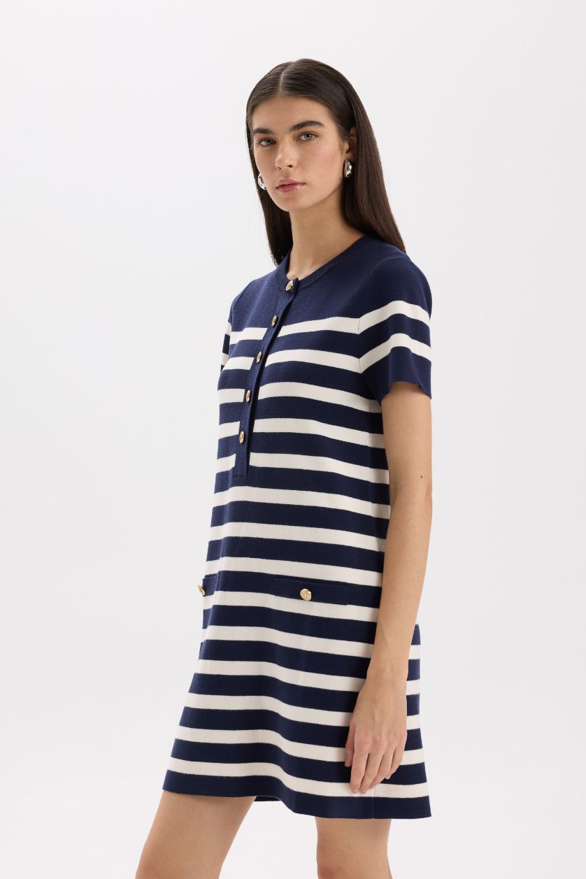 Женщины Синий Платье в полоску с пуговичным воротником