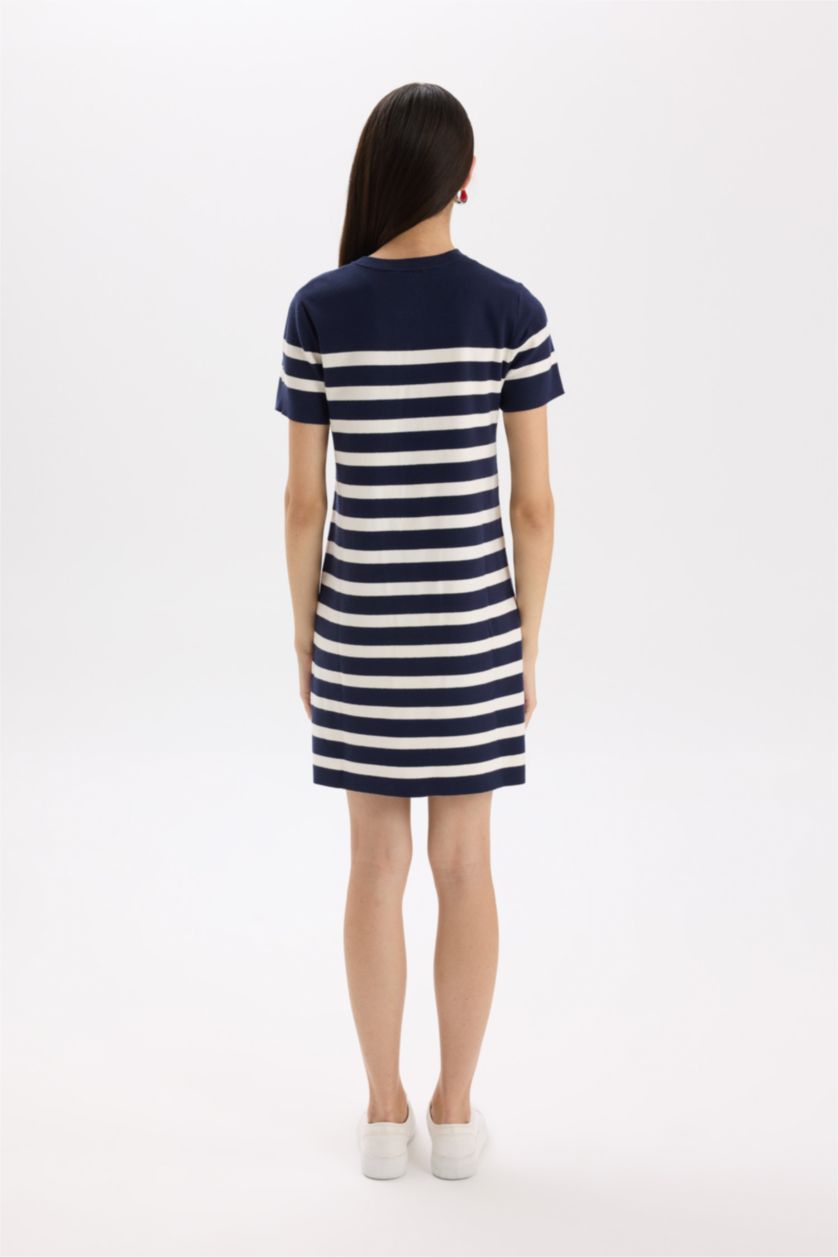 Женщины Синий Платье в полоску с пуговичным воротником