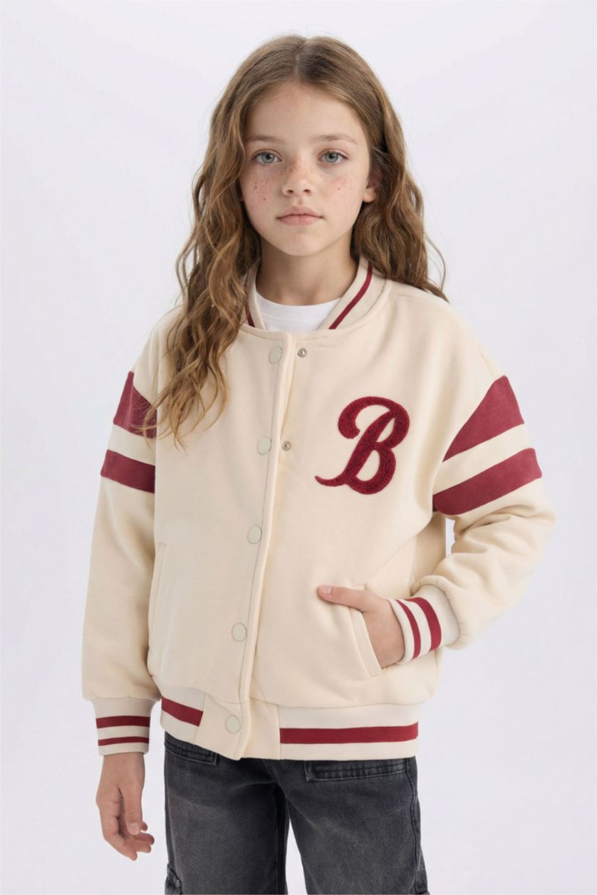 Kız Çocuk - Genç Kız Açık Taş Baskılı Kolej Yaka Çıtçıtlı Çift Cepli Mevsimlik İçi Yumuşak Tüylü Bomber Ceket Kız Çocuk