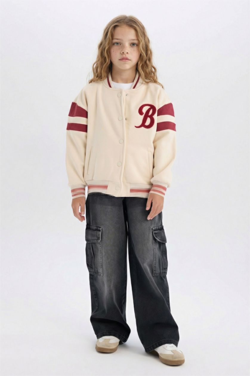 Kız Çocuk - Genç Kız Açık Taş Baskılı Kolej Yaka Çıtçıtlı Çift Cepli Mevsimlik İçi Yumuşak Tüylü Bomber Ceket Kız Çocuk