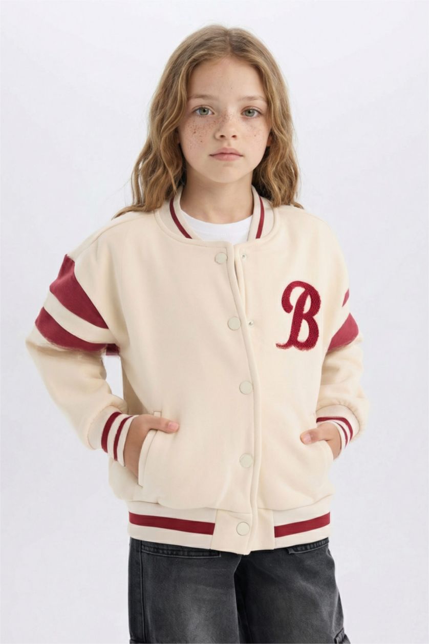 Kız Çocuk - Genç Kız Açık Taş Baskılı Kolej Yaka Çıtçıtlı Çift Cepli Mevsimlik İçi Yumuşak Tüylü Bomber Ceket Kız Çocuk