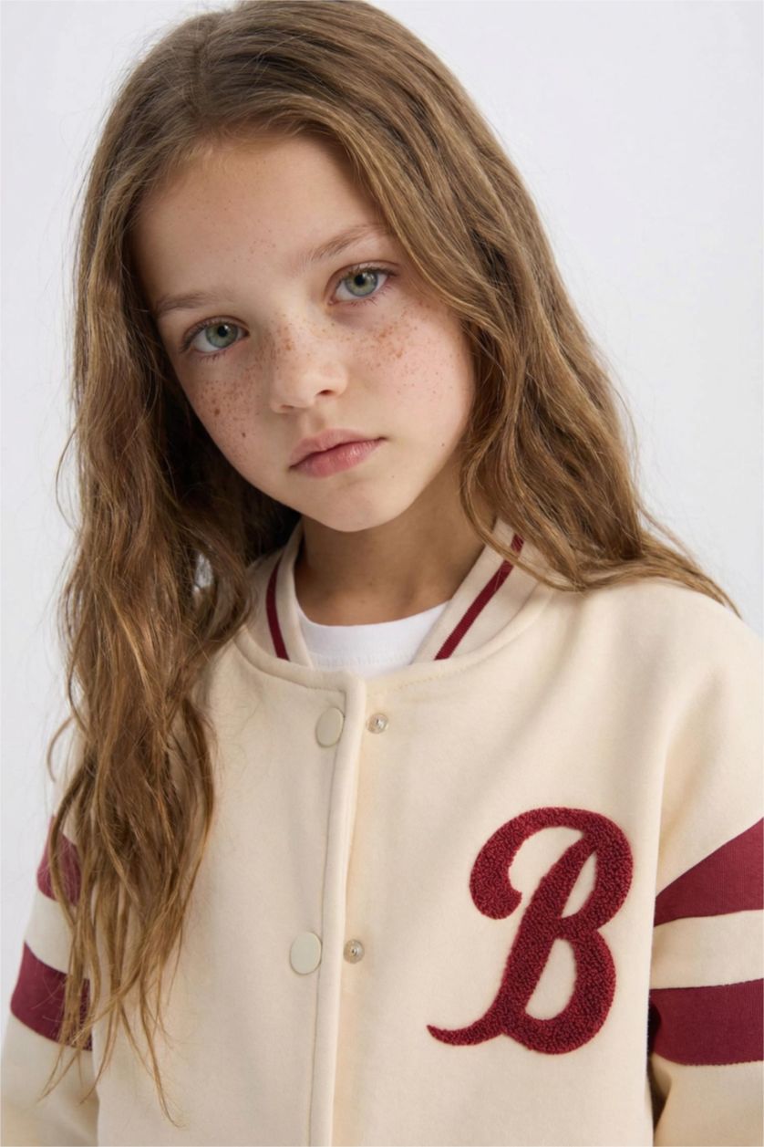 Kız Çocuk - Genç Kız Açık Taş Baskılı Kolej Yaka Çıtçıtlı Çift Cepli Mevsimlik İçi Yumuşak Tüylü Bomber Ceket Kız Çocuk