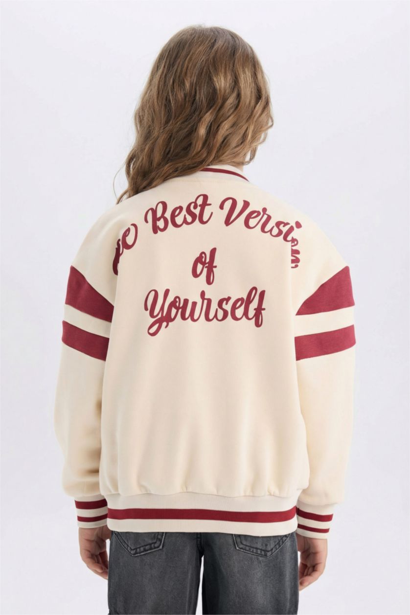 Kız Çocuk - Genç Kız Açık Taş Baskılı Kolej Yaka Çıtçıtlı Çift Cepli Mevsimlik İçi Yumuşak Tüylü Bomber Ceket Kız Çocuk