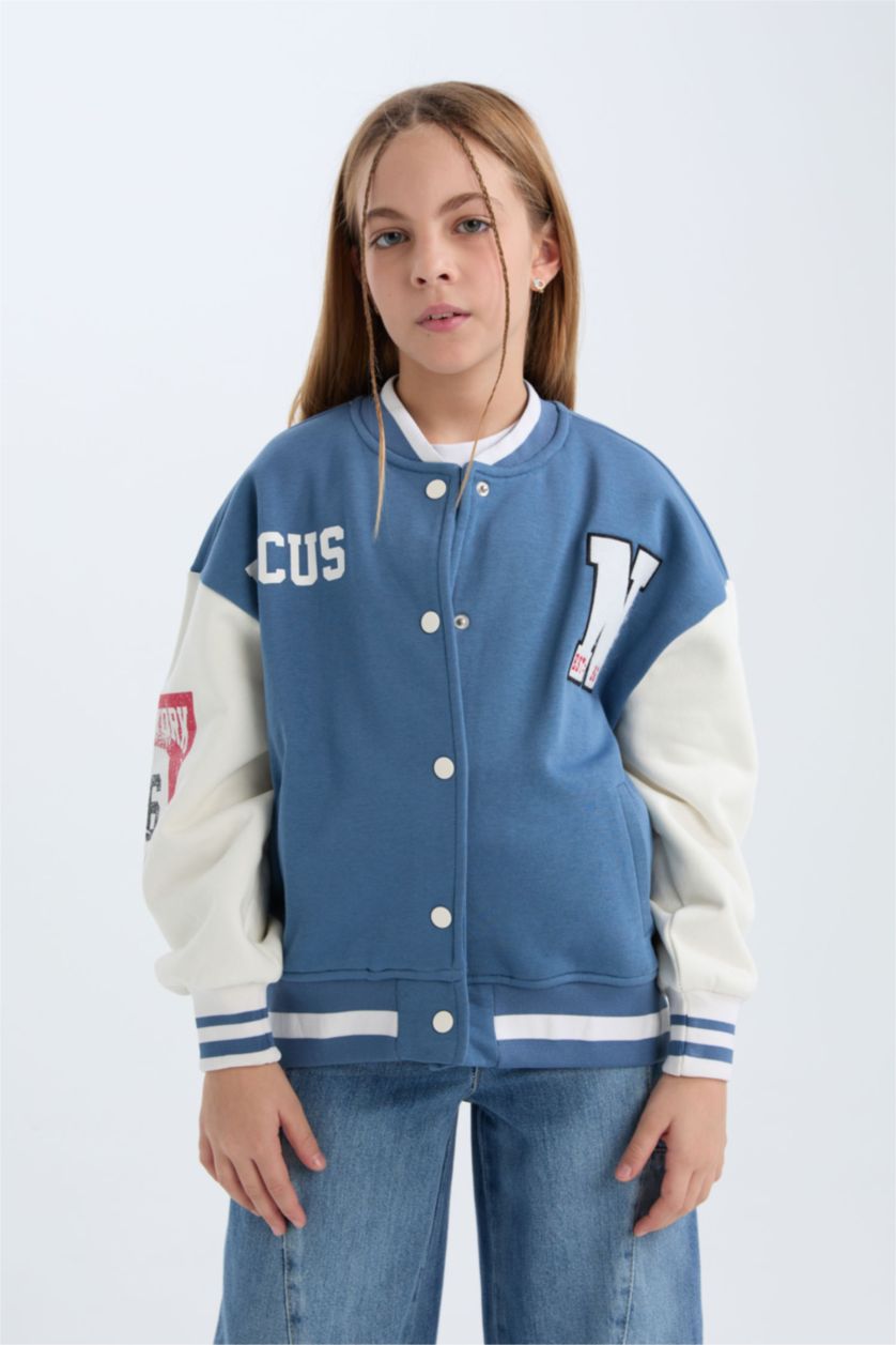 Kız Çocuk - Genç Kız Mavi Baskılı Kolej Yaka Çıtçıtlı İçi Yumuşak Tüylü Bomber Ceket Kız Çocuk