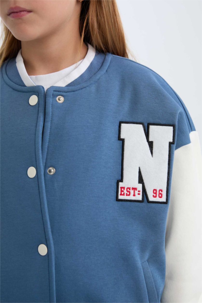 Kız Çocuk - Genç Kız Mavi Baskılı Kolej Yaka Çıtçıtlı İçi Yumuşak Tüylü Bomber Ceket Kız Çocuk