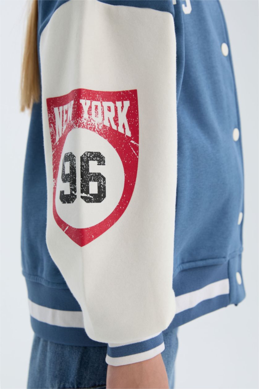 Kız Çocuk - Genç Kız Mavi Baskılı Kolej Yaka Çıtçıtlı İçi Yumuşak Tüylü Bomber Ceket Kız Çocuk