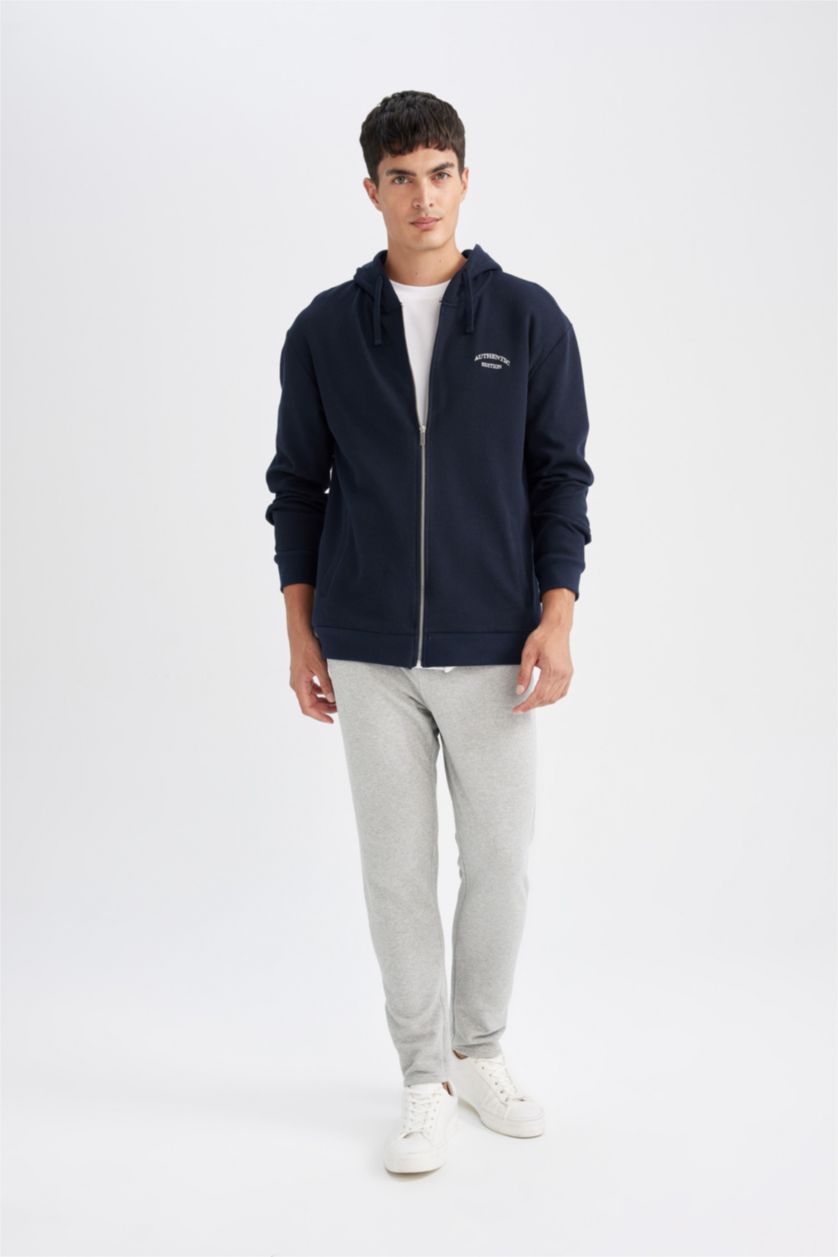 Erkek Lacivert Lacivert Relax Fit Kapüşonlu Waffle Baskılı Cepli Fermuarlı Sweatshirt