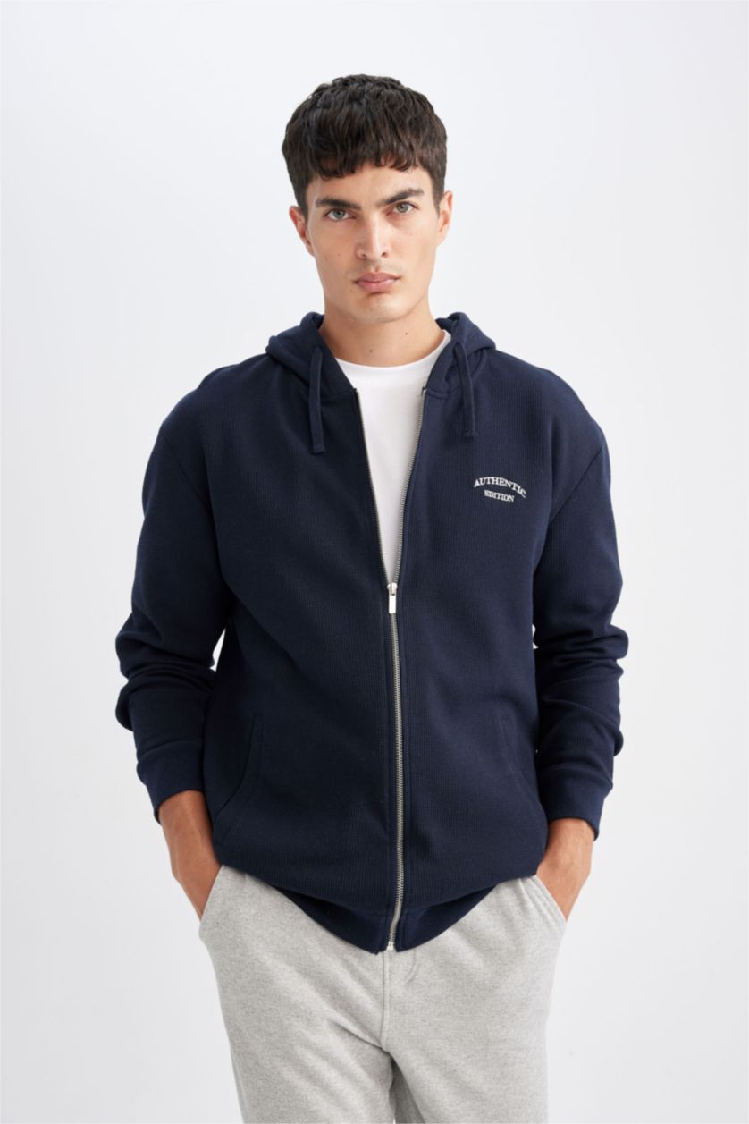 Erkek Lacivert Lacivert Relax Fit Kapüşonlu Waffle Baskılı Cepli Fermuarlı Sweatshirt
