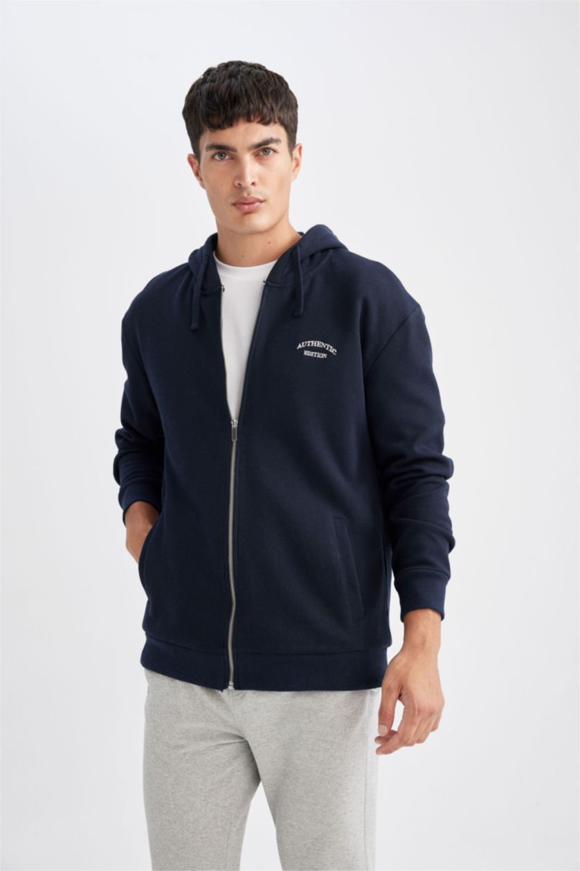 Erkek Lacivert Lacivert Relax Fit Kapüşonlu Waffle Baskılı Cepli Fermuarlı Sweatshirt