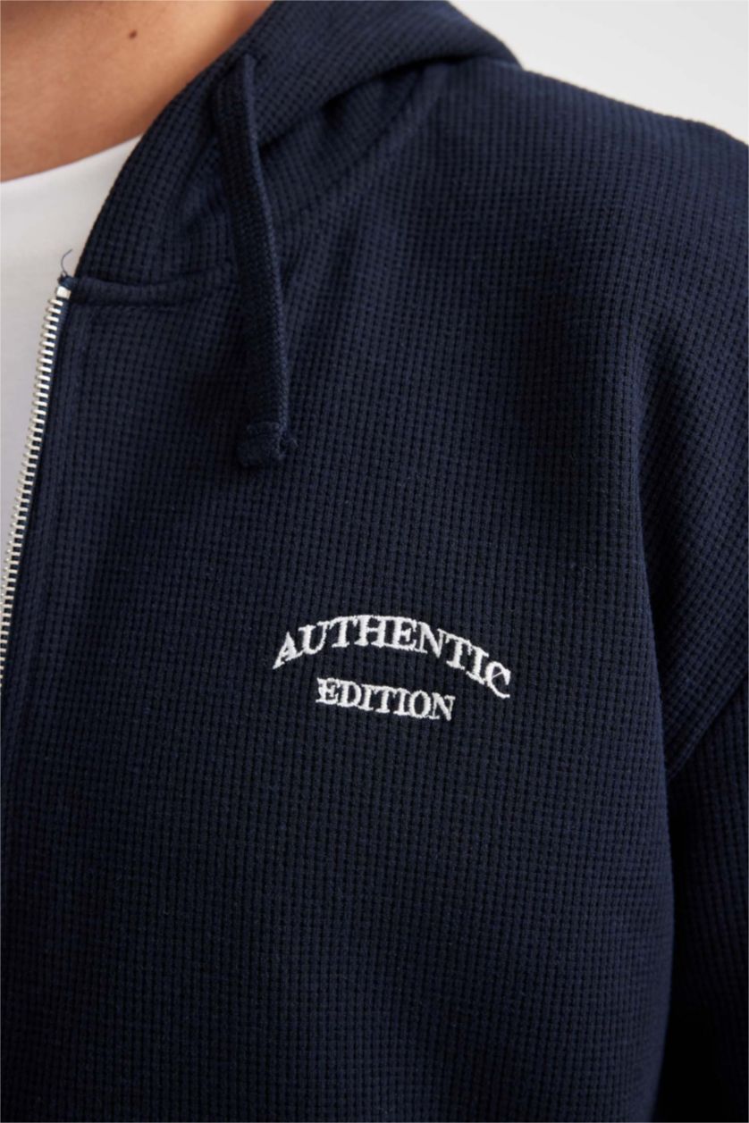 Erkek Lacivert Lacivert Relax Fit Kapüşonlu Waffle Baskılı Cepli Fermuarlı Sweatshirt