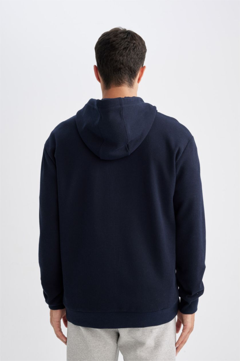 Erkek Lacivert Lacivert Relax Fit Kapüşonlu Waffle Baskılı Cepli Fermuarlı Sweatshirt